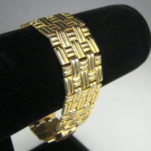 Goldtone Bracelet Panel Woven Pattern Size 7.5 inch Jewelry Vintage 70s 80s